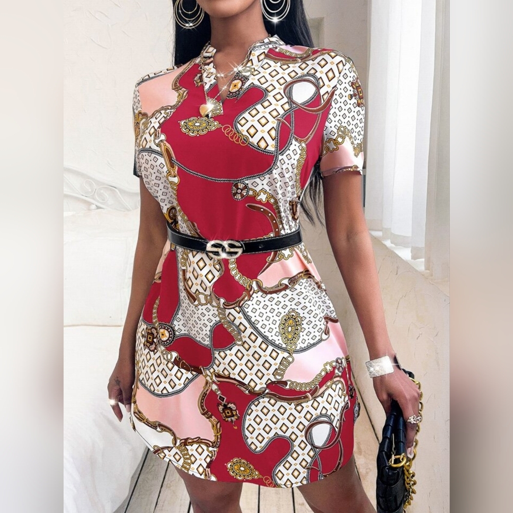 Trends Chain Print Notched Neck Dress Without Belt
